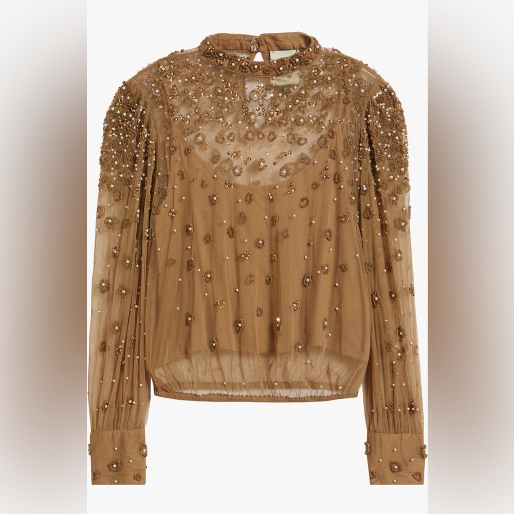 Farm Rio Embroidered Tulle Lined Blouse in Caramel - Picture 2 of 6